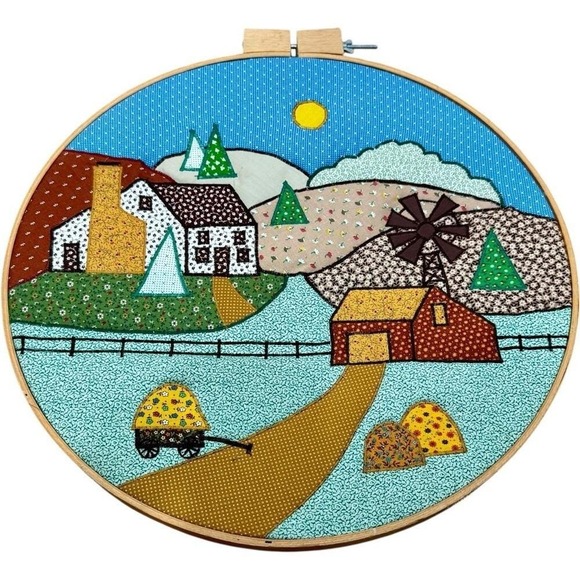 Folk Art Fabric Patchwork Embroidered Farm Scene Wall Hanging VTG 18.5